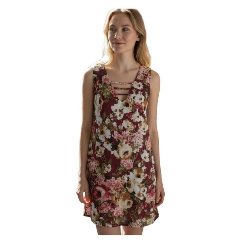 BLUE RAIN BURGUNDY, PINK, & CREAM FLORAL SLEEVELESS DRESS SZ.M EUC.